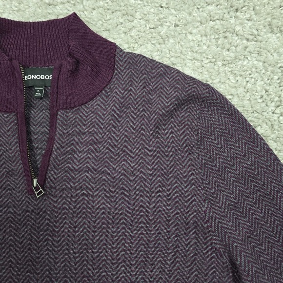 Bonobos Sweater Mens XL Purple Chevron Merino Wool 1/4 Zip Long Sleeve - Picture 3 of 13